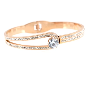 Rose gold stainless steel double-line bangle with pave crystals and center round diamond