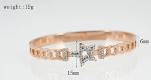 Detail view showing 19g rose gold star bracelet with white rhinestones and dimensions
