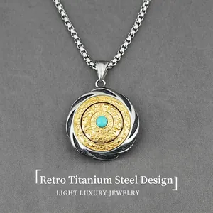 Vintage Titanium Steel Rotatable Zodiac Pendant Necklace Ethnic Religious Symbol Jewelry With Turquoise Stone Box Chain Gift