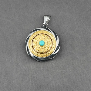 Rotating stainless steel zodiac pendant necklace with turquoise stone in vintage style