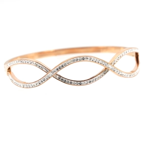 Rose gold infinity bangle for women with sparkling crystal pave in polished steel
