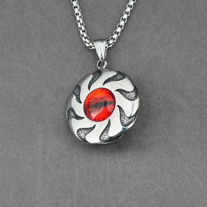 Vintage stainless steel rotating pendant necklace with red stone and box chain