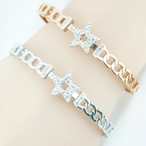Fashion Titanium Steel Five Pointed Star Bangle For Women Rhinestone Inlaid Stainless Steel Cuban Chain Bracelet Jewelry
