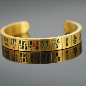 Vintage Chinese Style Mahjong Heart Sutra Engraved Bangle Gold Plated Titanium Steel Open Bracelet Retro Culture Jewelry