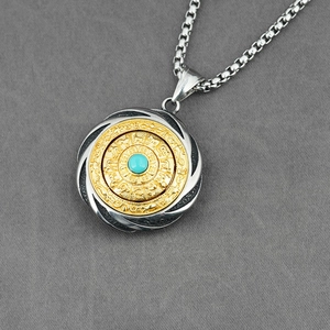 Rotating zodiac spinning pendant necklace with turquoise stone and stainless steel chain