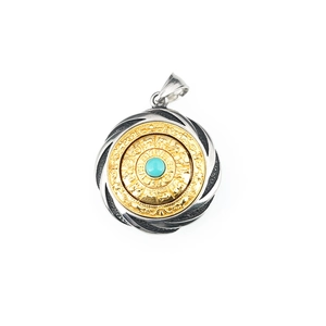 Vintage spinning zodiac necklace with turquoise stone and calendar patterns