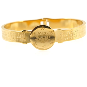 Golden titanium steel Buddhist sutra bangle with lotus emblem and engraved scriptures