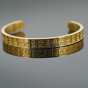 Vintage gold-plated stainless steel open bangle with Chinese character relief engraving