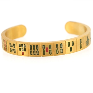 Matte gold mahjong engraved stainless steel open bangle with colorful character details