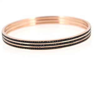 Bracelet jonc en acier titane or rose avec trois rangées de cristaux noirs sertis