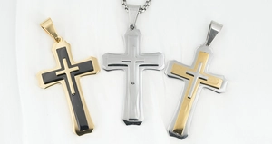 Three-layer stainless steel cross pendants in gold, silver, and black finish options