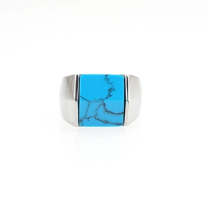 Bague en acier titane poli avec pierre turquoise carrée pour hommes et femmes, style chic