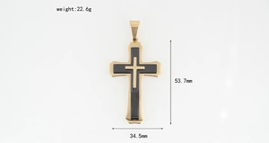 Three-layer gold and black cross pendant showing precise dimensions 53.7mm by 34.5mm