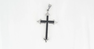 Polished silver stainless steel cross pendant with black double-layered inlay detail