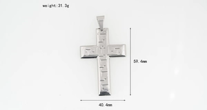 Detail showing cross pendant with Greek key pattern and exact product dimensions