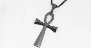 Detailed view of black Ankh cross pendant in stainless steel with matching bead chain link
