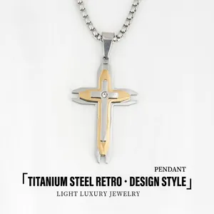 Collier Pendentif Croix Triple Couche Bicolore en Acier Inoxydable Vintage pour Hommes Femmes Bijoux Religieux Hip Hop Strass
