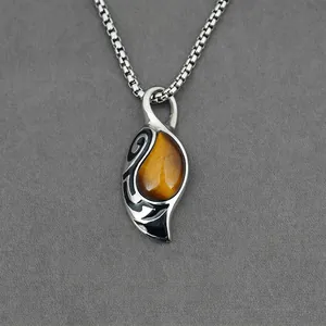 Vintage Tribal Tiger Eye Stone Pendant Necklace Titanium Steel Leaf Shape Scroll Totem Jewelry For Women Men Box Chain