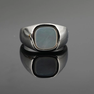 Polished titanium steel signet ring with square grey shell inlay for women