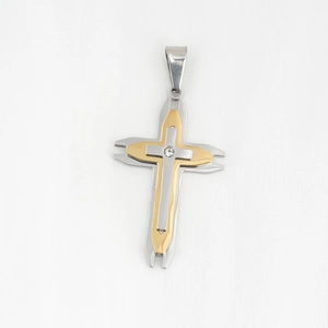 Pendentif croix en acier inoxydable bicolore à trois couches avec pierre en zircon