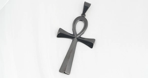 Macro view of gunmetal black stainless steel Ankh cross pendant with matte finish