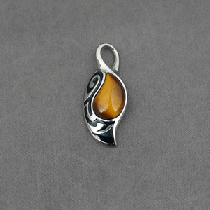 Tiger eye stone pendant necklace in leaf design with vintage stainless steel tribal patterns