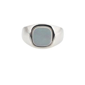 Minimalist silver signet ring for women featuring a square grey mother of pearl inlay