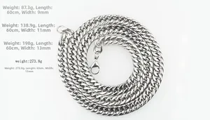 Silver stainless steel Cuban link chains in 9mm to 15mm widths and 60cm length
