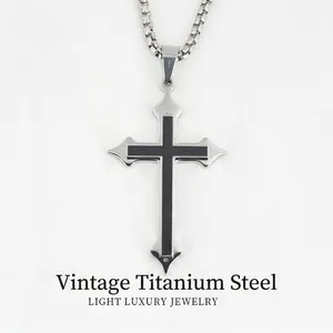 Vintage Stainless Steel Cross Pendant Necklace For Men Gothic Religious Jewelry Black Enamel Inlay Box Chain Necklace Gift