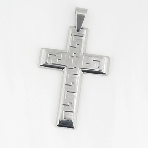 Titanium steel cross pendant with Greek meander pattern in silver metallic finish