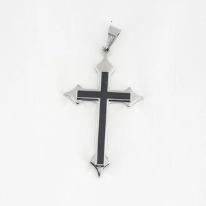 Minimalist silver stainless steel cross pendant with black enamel inlay for men and women