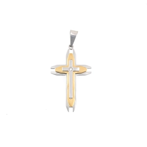 Pendentif croix en acier inoxydable à trois couches avec diamant et finition bicolore