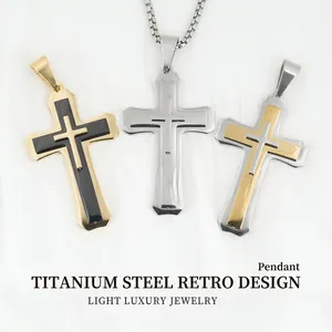 Men Triple Layer Cross Pendant Necklace Stainless Steel Titanium Steel Hip Hop Punk Religious Personalized Jewelry Neck Chain