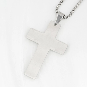 Brushed stainless steel cross pendant necklace for men with classic silver box chain