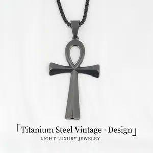 Vintage Stainless Steel Black Ankh Cross Pendant Necklace For Men Gothic Punk Egyptian Key Of Life Jewelry Gift