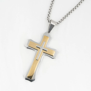Three-layer stainless steel cross pendant necklace with silver and gold finishes