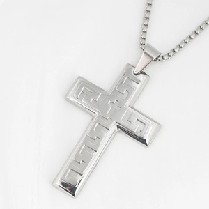 Polished silver stainless steel cross pendant necklace with meander pattern on bead chain