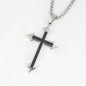 Polished stainless steel cross pendant necklace with black enamel inlay for men