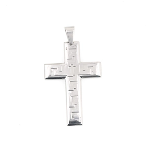 Polished stainless steel cross pendant with Greek meander pattern for men's necklace