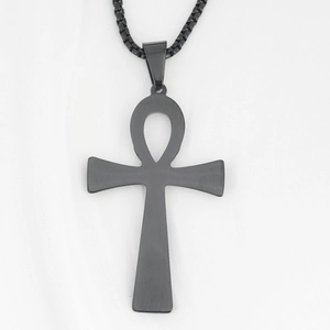 Matte black stainless steel Ankh cross pendant with brushed finish and box chain