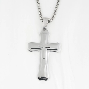 Three-layer stainless steel cross pendant necklace for men with a silver box chain finish