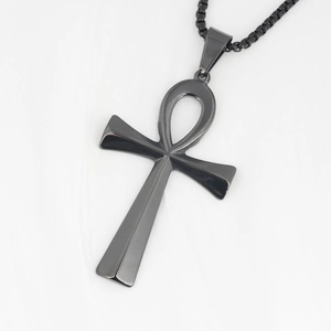 Men's black stainless steel Ankh cross pendant necklace with matching box chain