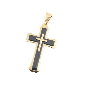 Three-layer gold and black cross pendant necklace in polished stainless steel for men
