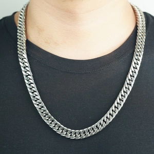 Men's silver stainless steel Cuban link chain necklace shown on neck model