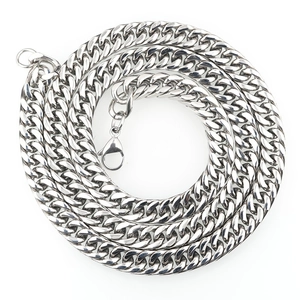 Classic silver stainless steel Cuban link necklace with secure lobster clasp on white background