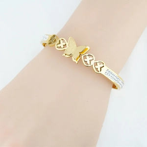 Bracelet Jonc Papillon en Acier Inoxydable pour Femme Plaqué Or Cœur Ajouré Strass Incrusté Bijoux Cadeau
