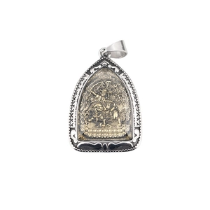 Pendentif bouddhiste exquis avec divinité en relief doré et cadre argenté pour hommes