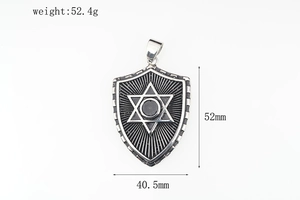 Detailed view of punk shield pendant with hexagram relief and size dimensions