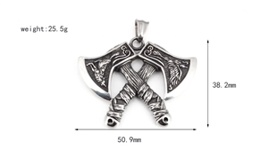 Detailed view of vintage silver Viking double axe pendant with Nordic engravings and dimensions