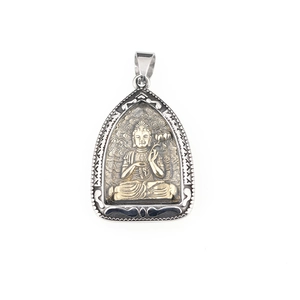 Ciondolo Buddha tailandese vintage in acciaio inossidabile bicolore oro e argento